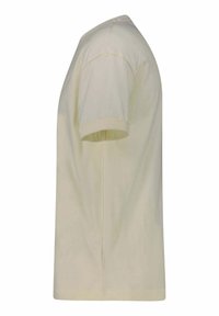 Short-sleeve, crew neck t-shirt in light beige cotton. Smooth texture, classic cut, and standard fit with rolled sleeves.