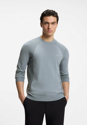 Junger Mann mit kurzen lockigen Haaren, der einen hellblauen Langarmpullover mit "BOSS"-Logo und schwarze Hose trägt, Hände in den Taschen, neutraler Hintergrund.