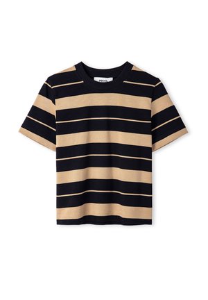 Gestreiftes T-Shirt mit horizontalen Streifen in dunkelmarine und beige, kurzen Ärmeln und einem Rundhalsausschnitt. Hergestellt aus weichem Baumwollstoff.