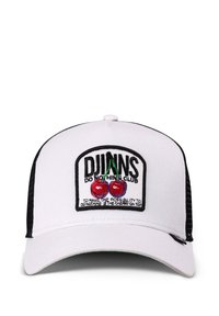 White baseball cap with a black mesh back. Features a patch with red cherries, text "DJUNS DO NOTHING CLUB," and embroidered details.
