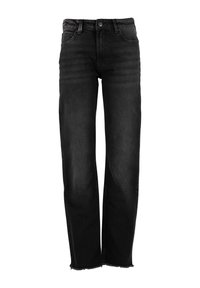 Jean droit noir taille haute avec cinq poches et ourlets effilochés, fermeture à boutons et à glissière à l'avant.