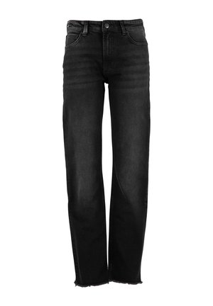 Blugi negri cu talie înaltă, croială dreaptă, cinci buzunare și tivuri destrămate, închidere cu nasture și fermoar în față.