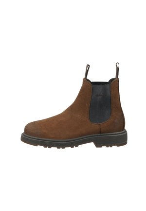 Bruine suède Chelsea-bootie met zwarte elastische zijkanten, trekbandjes en een zwarte rubberen profielzool.