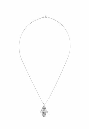 Collar de plata con un colgante plano en forma de mano adornado con cristales claros, que cuenta con una fina cadena y cierre de langosta.