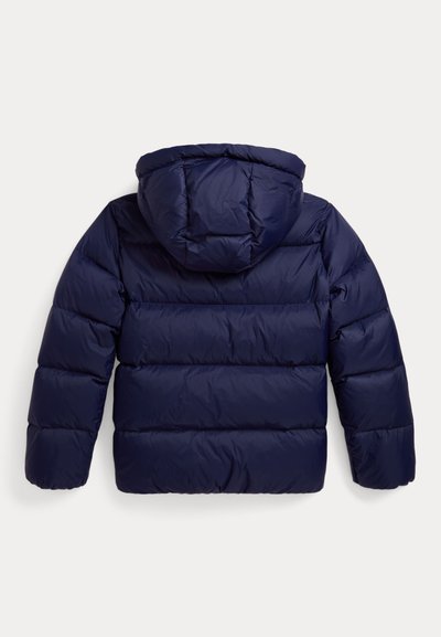 Navy blue puffer jacket with a hood, quilted design, and elastic cuffs. Soft texture with visible stitching and a layered appearance.