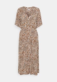 Abito midi a maniche corte con chiusura a bottoni, vita elastica, scollatura a V e motivo animalier arancione, nero e beige.
