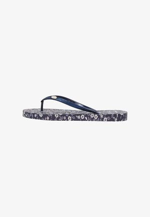 Tongs bleu marine avec des brides pailletées, semelle intérieure à motifs floraux, semelle plate et texture rugueuse pour une meilleure adhérence.