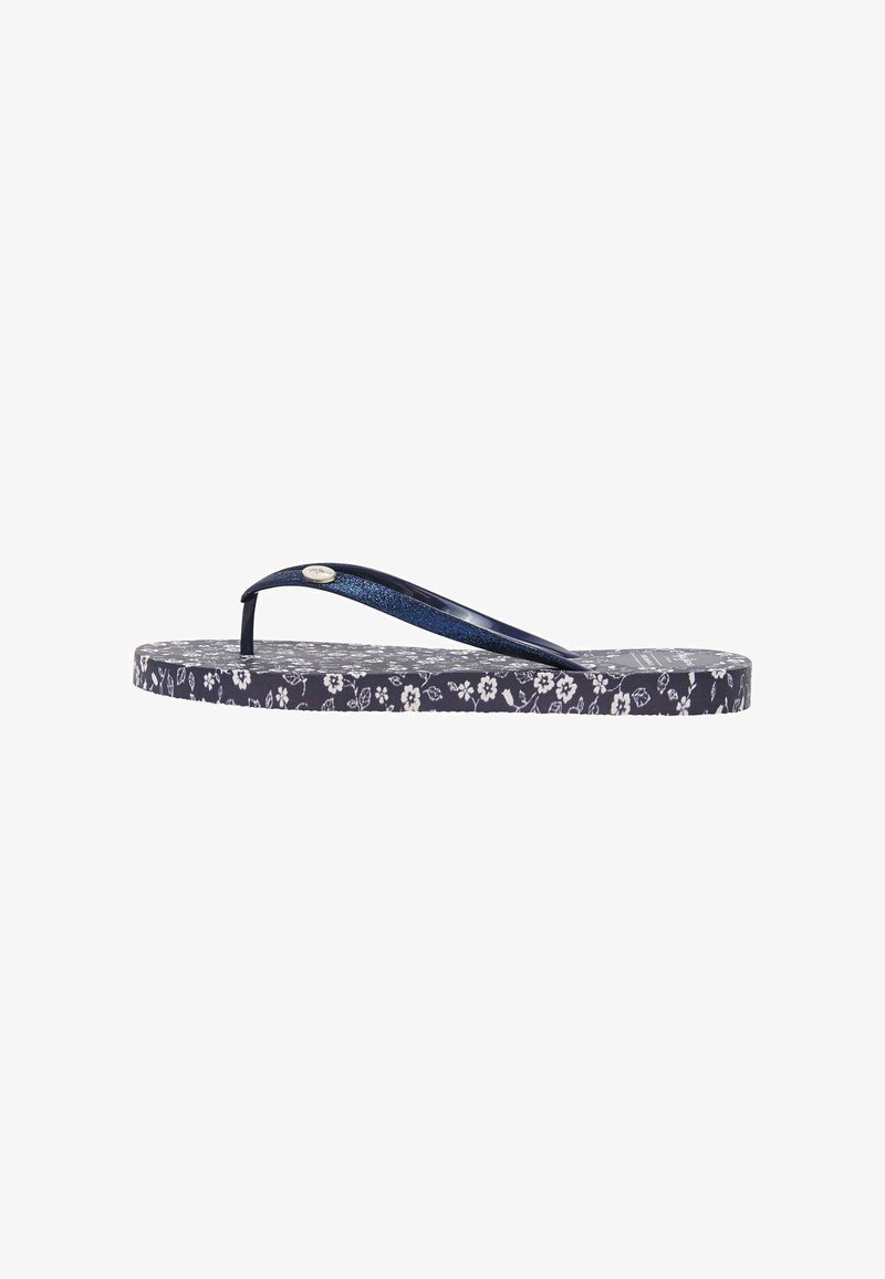 Ciabatta blu navy con cinturini glitterati, soletta a fantasia floreale, suola piatta e una superficie texturizzata per una migliore presa.