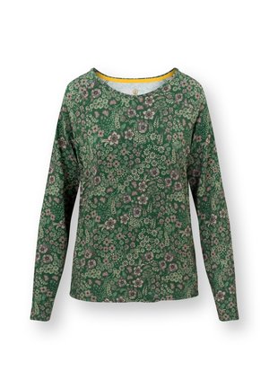 Langarmshirt met een groen bloemmotief, voorzien van een ronde halslijn en een textuurstof. Accenten in roze en crème verspreid over het shirt.