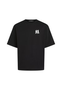 Zwarte katoenen t-shirt met korte mouwen. Heeft een kleine witte grafische afbeelding op de linkerkant van de borst. Casual, losse pasvorm met een ronde hals.