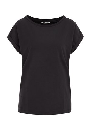 Tricou negru cu mânecă scurtă, din bumbac. Are un decolteu rotund și manșete răsucite. Design simplu, fără modele sau embellisemente.
