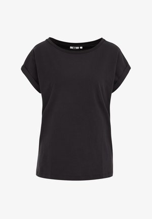 Melnā īsām piedurknēm T-krekls, izgatavots no kokvilnas. Tam ir apaļa kakla izgriezuma forma un sarullētas piedurknes. Vienkāršs dizains bez rakstiem vai rotājumiem.