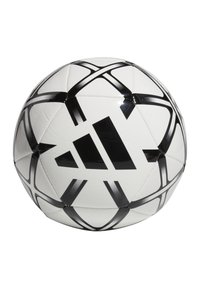 Balón de fútbol blanco con patrones geométricos negros y logo. Hecho de material sintético con una superficie suave y diseño cosido.