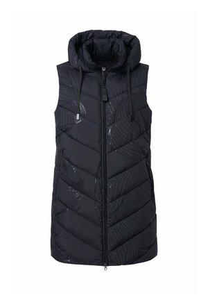 Gilet senza maniche nero imbottito con cappuccio, zip frontale e schemi a curve sottili. Lacci sul cappuccio con estremità in metallo.