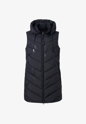 Bezrękawnik w kolorze czarnym, pikowany, z kapturem i zamkiem błyskawicznym z przodu, zdobiony delikatnymi, zakrzywionymi liniami. Stalowe sznurki w kapturze z metalowymi końcówkami.