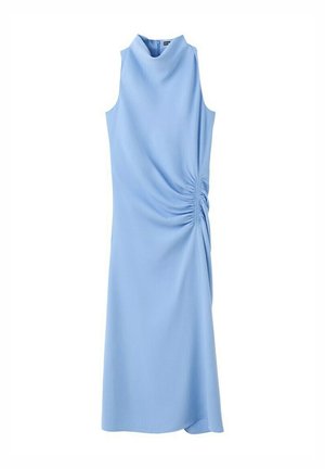 Robe midi sans manches bleu clair avec col montant et détail froncé et plissé sur le côté droit, fermeture éclair à l'arrière.