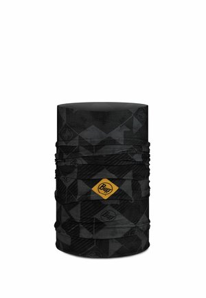 Braga tubular para el cuello de color negro y gris oscuro con un patrón, con un pequeño parche de logotipo amarillo en forma de diamante en el centro que muestra la palabra Buff.
