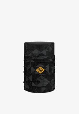 Braga tubular para el cuello de color negro y gris oscuro con un patrón, con un pequeño parche de logotipo amarillo en forma de diamante en el centro que muestra la palabra Buff.