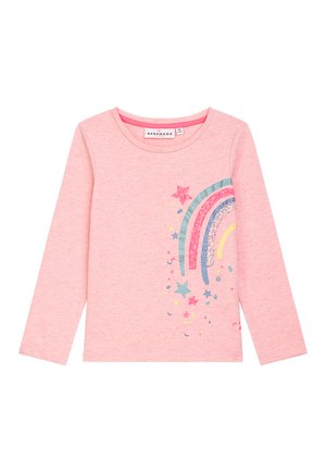Langärmliges rosa Hemd aus weichem Stoff, mit einem Regenbogen- und Sternmotiv in Glitzer- und Pastellfarben an der Seite.