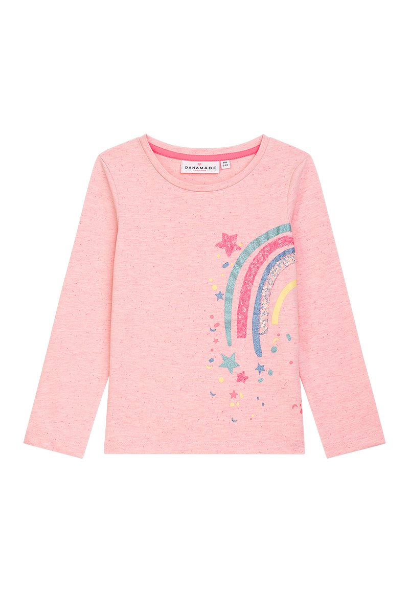Langärmliges rosa Hemd aus weichem Stoff, mit einem Regenbogen- und Sternmotiv in Glitzer- und Pastellfarben an der Seite.