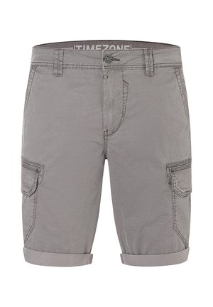 Men's gray cargo shorts with front button and zipper, side flap pockets, belt loops, and rolled-up hems.