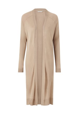 Beige open-front cardigan met lange mouwen, geribbelde manchetten en zoom. Gemaakt van lichtgewicht, zachte stof, met een eenvoudige, gladde textuur.