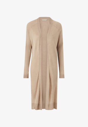 Beige åben cardigan med lange ærmer, ribbede manchetter og kant. Fremstillet af letvægts, blødt stof med en simpel, glat tekstur.