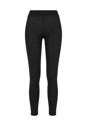 Sorte leggings med glatt stoff, høy midje, tettsittende design og uten synlige sømmer, egnet for hverdags- eller aktiv bruk.