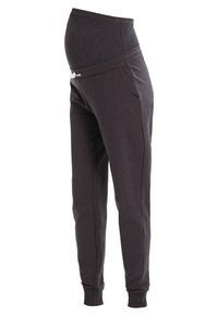 Donkergrijze zwangerschaps-sweatpants met een elastische hoge tailleband en een wit trekkoord, voorzien van zijzakken en omgeslagen enkels.