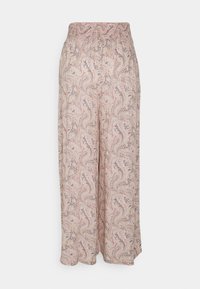 Vidbenade byxor i en ljusrosa tyg med ett paisleymönster i kräm och blått. Elastisk midja för komfort; lätt och luftigt material.