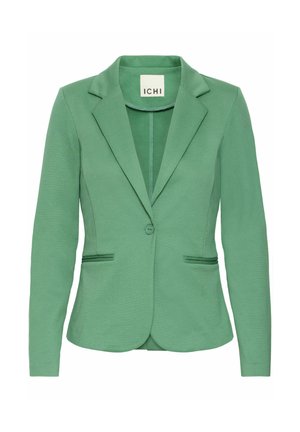 Grüner Blazer mit abgesetztem Revers, einer Knopfverschluss und zwei vorderen Taschen. Aus strukturiertem Stoff gefertigt, mit einer taillierten Passform.