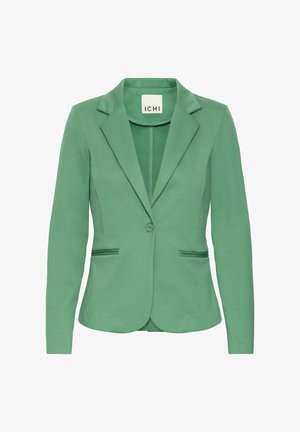 Green blazer with a notched lapel, single button closure, and two front pockets. Made of textured fabric, featuring a tailored fit.