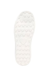 Suola di scarpa in gomma bianca con un motivo di piccoli cuori e una forma centrale a cuore per la trazione. Bordo liscio e design della punta arrotondata.