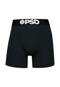 Crne bokserice s elastičnim pojasom s "PSD" logom u bijeloj boji. Tkanina je glatka i prilagođena, s bešavnim dizajnom.