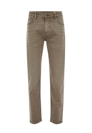 Jeans din denim maronii cu un design drept, având cinci buzunare, bucle pentru curea și închidere cu nasture la talie. Textură moale, ușor granulară.
