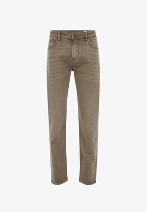 Brune denim jeans med lige ben design, der har fem lommer, bæltestropper og en knaplukning i taljen. Blød, let struktur.