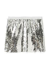 Sølv paliet mini nederdel med elastisk talje, der reflekterer lys for et skinnende, tekstureret udseende.