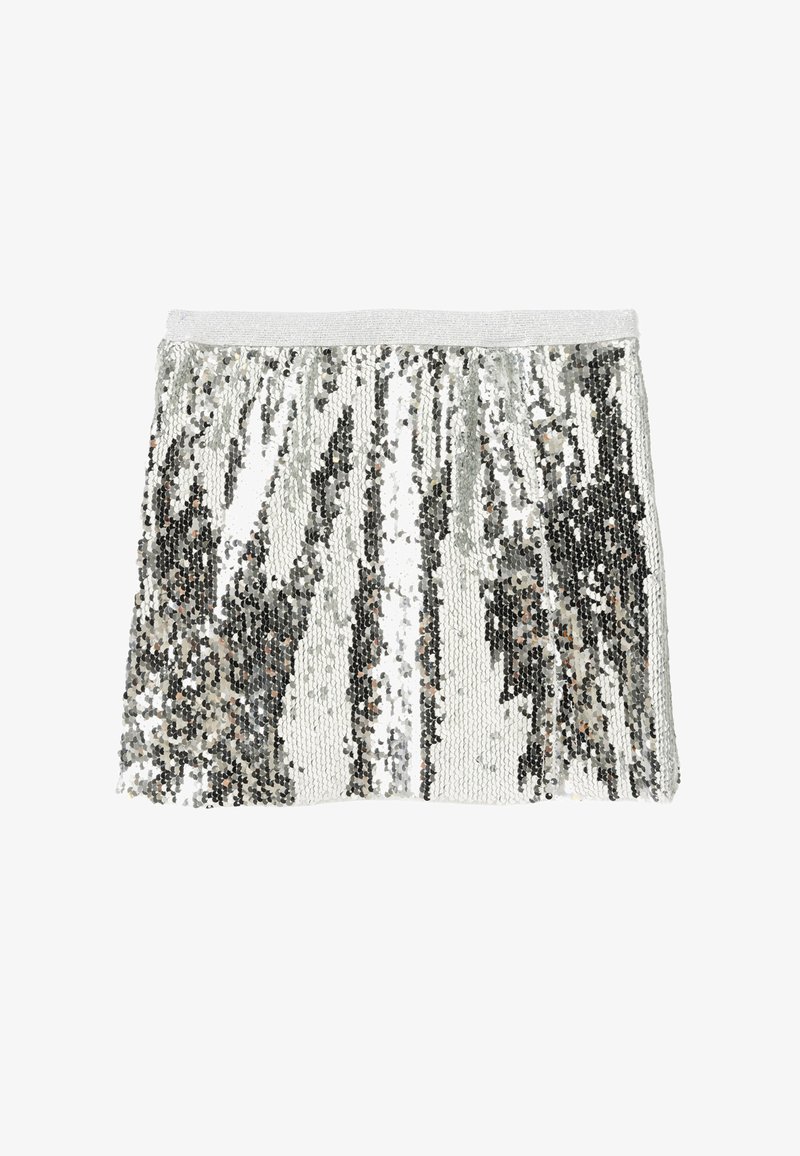 Mini-jupe à sequins argentés avec taille élastique, réfléchissant la lumière pour une apparence brillante et texturée.