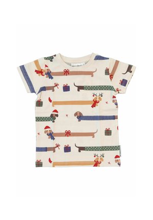 Kurzes Kinder-T-Shirt aus cremefarbenem Stoff, mit einem verspielten Muster von Dackeln, Weihnachtsgeschenken und Feiertagsaccessoires.