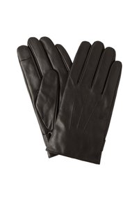 Guantes de cuero negro con diseño de cinco dedos, textura suave y tres costuras decorativas en la parte posterior para un detalle adicional.