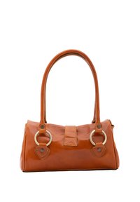 Borsa a mano in pelle arancione con forma arrotondata, doppie finiture metalliche circolari e un manico singolo; texture liscia con dettagli cuciti.