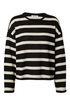 Gestreifter Strickpullover in Schwarz und Weiß mit Rundhalsausschnitt, cropped Design und langen Ärmeln. Verfügt über einen strukturierten Stoff und gerippte Säume.