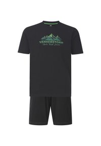 Black cotton T-shirt with green mountain graphic and "VANDERSTORM" text, paired with black shorts featuring green stitching accents.