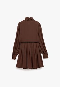 Braunes langärmliges Kleid mit hohem Kragen, plissiertem Rock und einem dunkel abgesetzten Gürtel. Hergestellt aus glattem Stoff, mit aufgekrempelten Ärmeln.