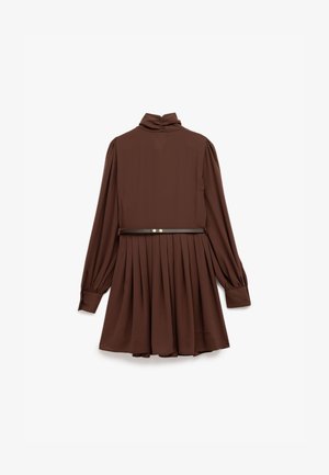 Robe longue marron à manches longues avec un col montant, jupe plissée et une ceinture sombre en accent. Fabriquée en tissu lisse, avec des manches à poignets.