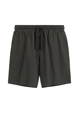 Ciemnoszare szorty z elastycznym pasem, przednimi kieszeniami i czarnym sznurkiem do wiązania, prezentowane na białym tle.