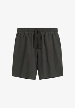 Ciemnoszare szorty z elastycznym pasem, przednimi kieszeniami i czarnym sznurkiem do wiązania, prezentowane na białym tle.