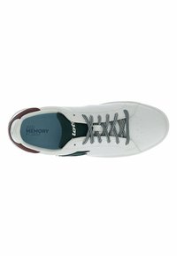 White sneaker with green and burgundy accents, textured upper, lace-up design, and air memory foam insole, featuring a stitched logo detail.