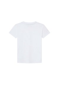 Bílý krátký rukáv tričko vyrobené z měkké bavlny. Má kulatý výstřih a rovný lem, bez potisků nebo ozdob.