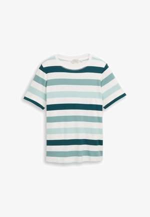 Lühikeste varrukatega t-särk horisontaalsete triipudega valges, türkiissinises ja helesinises, paigutatud tasapinnale valgel taustal.